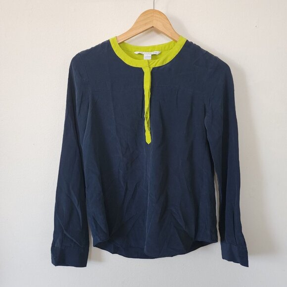 Diane Von Furstenberg Silk Shirt Solid Blue Green 4 Long Sleeve - Picture 1 of 5